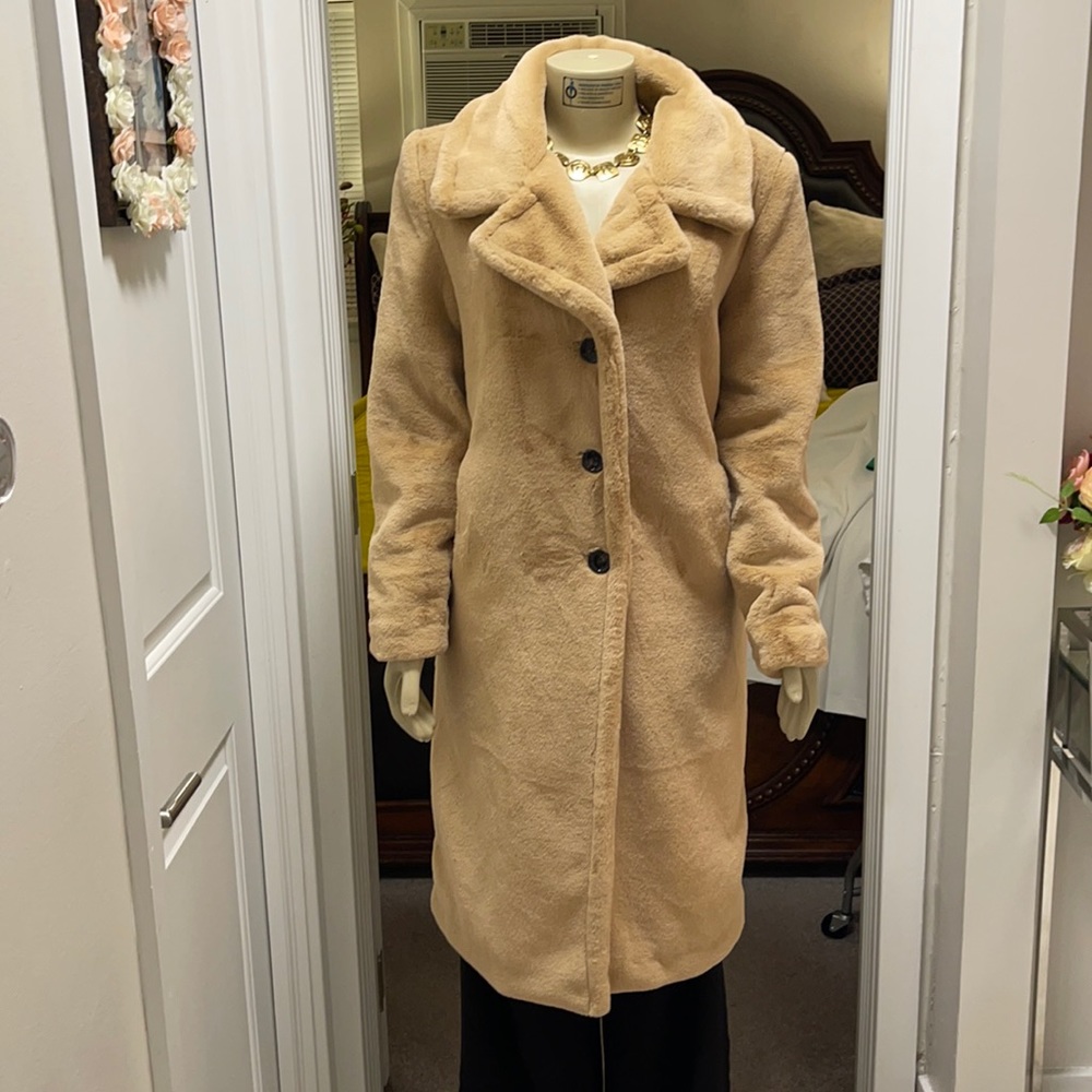 Camel hair faux fur coat.